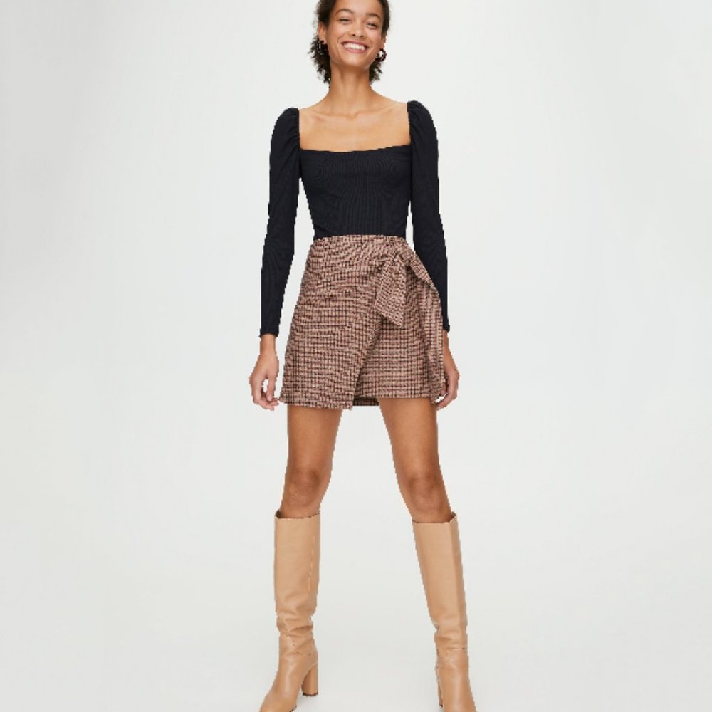 Wilfred Dorine Faux Wrap Skirt Mini Brown Plaid Lined Wool Blend Size 4
